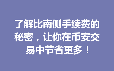 了解比南侧手续费的秘密,让你在币安交易中节省更多! 了解比南侧手续费的秘密,让你在币安交易中节省更多!