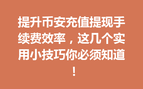 提升币安充值提现手续费效率，这几个实用小技巧你必须知道！