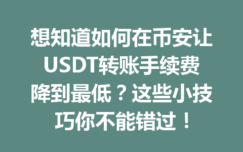 想知道如何在币安让USDT转账手续费降到最低？这些小技巧你不能错过！