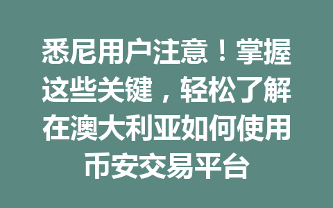 悉尼用户注意!掌握这些关键,轻松了解在澳大利亚如何使用币安交易平台 悉尼用户注意!掌握这些关键,轻松了解在澳大利亚如何使用币安交易平台